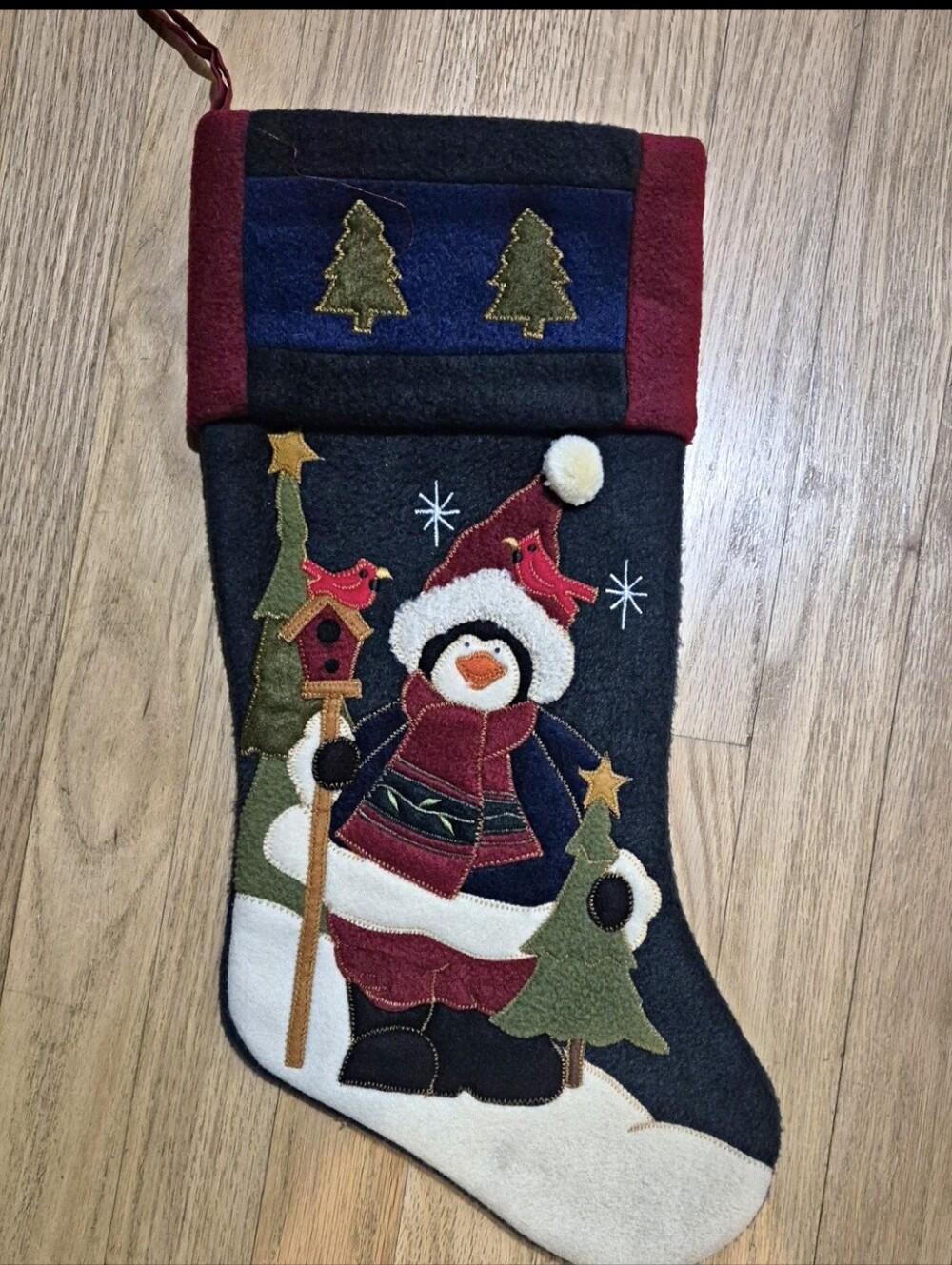 Vintage Prima Creations Felt Christmas Stocking Penguin Cardinals Birdhouse